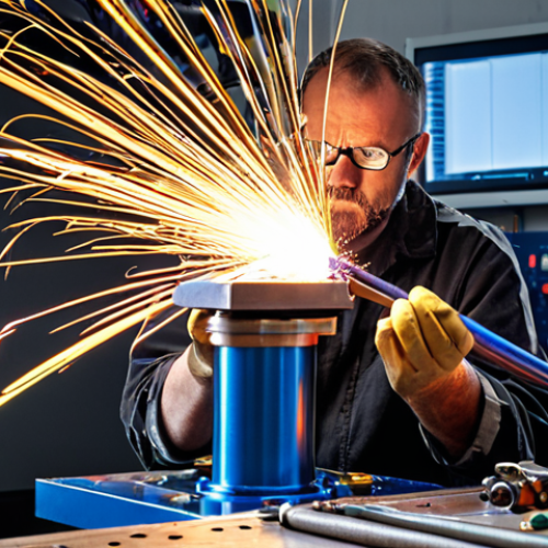 **Prompt:** A skilled craftsman in a modern German workshop using anodization equipment to create vibrant colors on a titanium component. Sparks fly, showcasing the electrical process. Electrolyte baths and precise tools are visible. The atmosphere is clean and professional, highlighting German engineering.