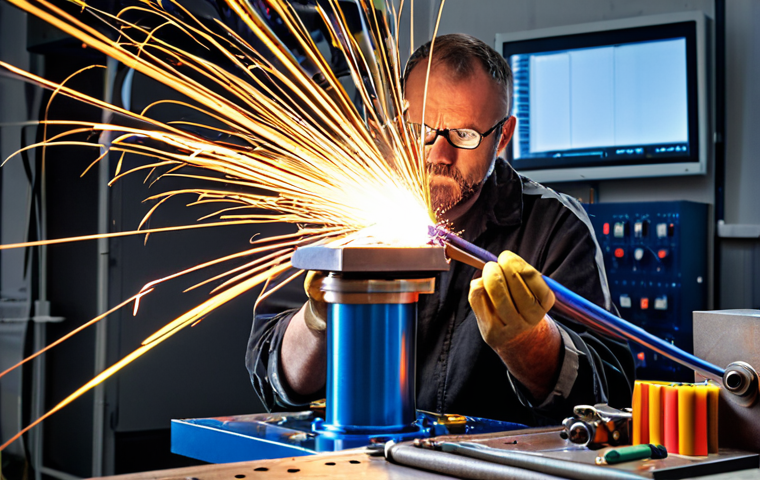 **Prompt:** A skilled craftsman in a modern German workshop using anodization equipment to create vibrant colors on a titanium component. Sparks fly, showcasing the electrical process. Electrolyte baths and precise tools are visible. The atmosphere is clean and professional, highlighting German engineering.