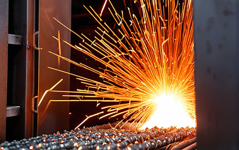 **

A visually striking close-up shot of a metal component undergoing heat treatment in a modern industrial furnace. Focus on the intense heat radiating from the metal, with a subtle gradient transitioning from bright orange to deep red. Sparks should be visible, and the texture of the metal surface should be highly detailed, showcasing the changes occurring at the microscopic level during the annealing process. The background should be blurred to emphasize the focal point. Keywords: heat treatment, annealing, metal, industrial, furnace, sparks, close-up, temperature gradient, metallurgy.

**