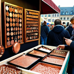 **A bustling arts and crafts market in Berlin, Germany, showcasing handcrafted metal art. Focus on intricate copper jewelry with floral patterns displayed on a stall. Capture the vibrant atmosphere with shoppers browsing and interacting with the artist.** (This emphasizes the local market and a specific product example from the keyword research.)
