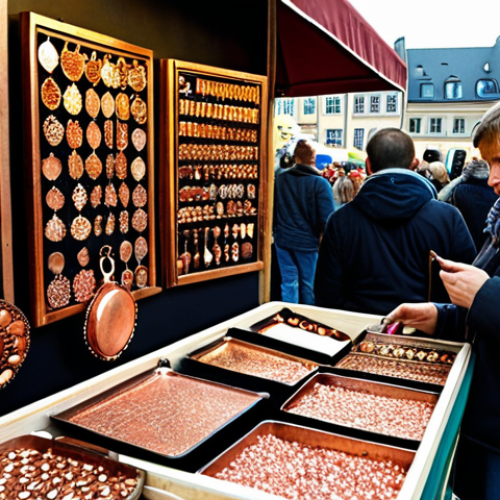 **A bustling arts and crafts market in Berlin, Germany, showcasing handcrafted metal art. Focus on intricate copper jewelry with floral patterns displayed on a stall. Capture the vibrant atmosphere with shoppers browsing and interacting with the artist.** (This emphasizes the local market and a specific product example from the keyword research.)