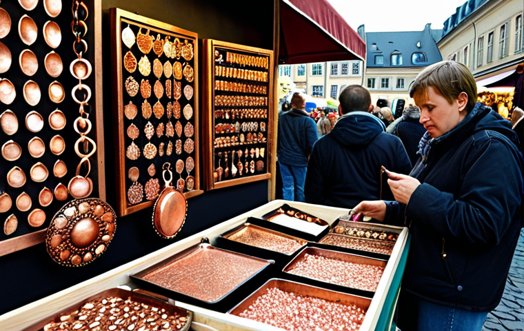 **A bustling arts and crafts market in Berlin, Germany, showcasing handcrafted metal art. Focus on intricate copper jewelry with floral patterns displayed on a stall. Capture the vibrant atmosphere with shoppers browsing and interacting with the artist.** (This emphasizes the local market and a specific product example from the keyword research.)