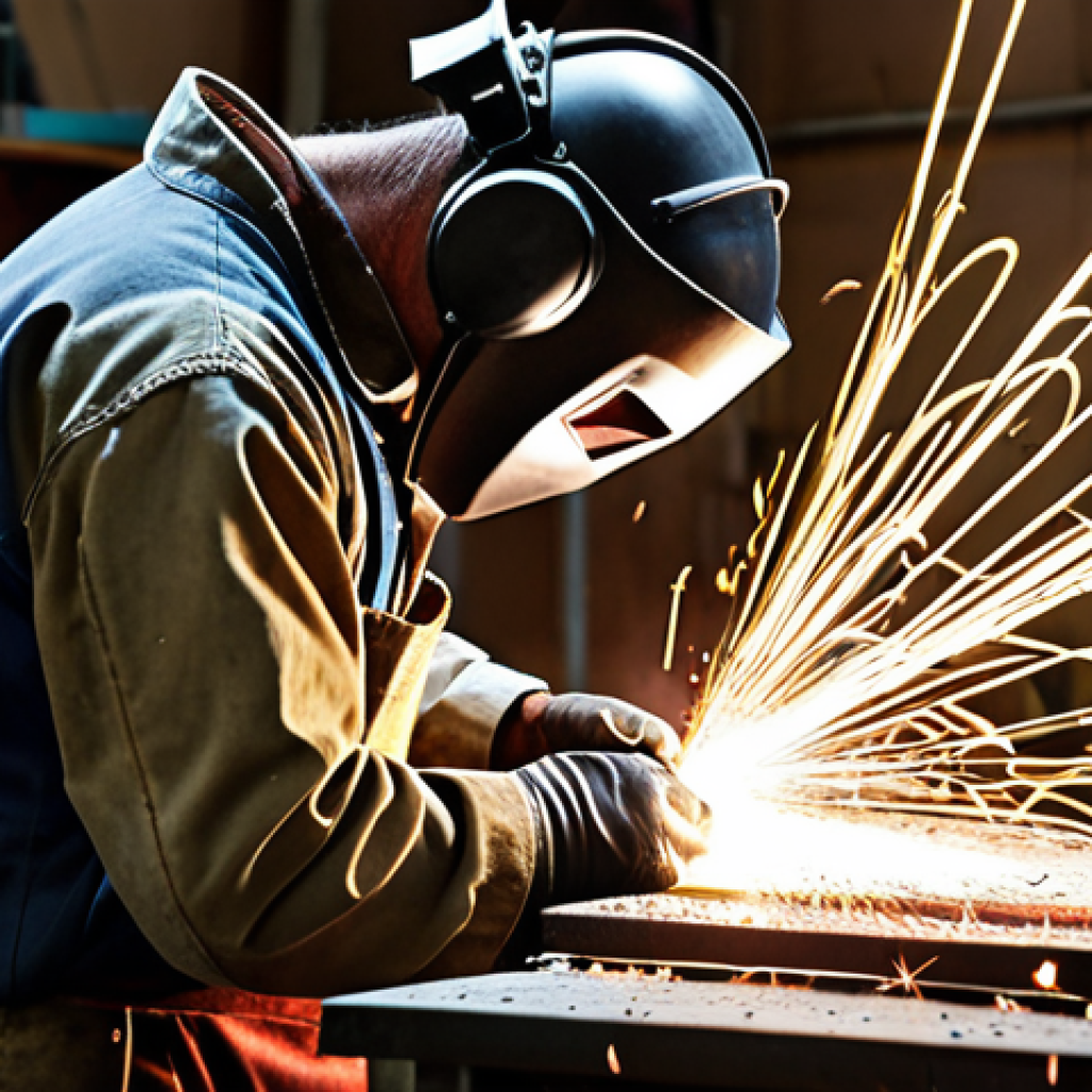 **A craftsman welding a steel chair frame in a workshop.** Focus on the sparks flying, the intense heat, and the protective gear. Include tools like welding masks and gloves. Show a sense of focus and precision. The setting should be a well-equipped German workshop.