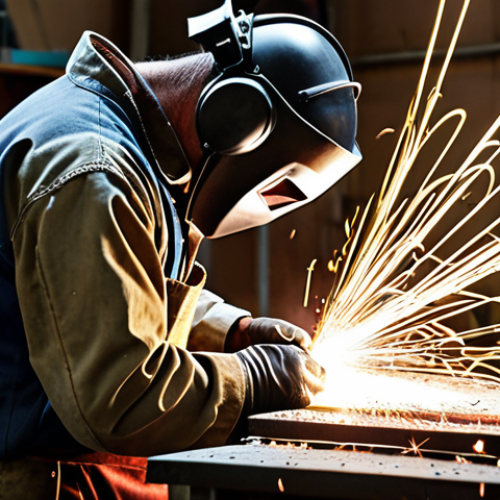 **A craftsman welding a steel chair frame in a workshop.** Focus on the sparks flying, the intense heat, and the protective gear. Include tools like welding masks and gloves. Show a sense of focus and precision. The setting should be a well-equipped German workshop.