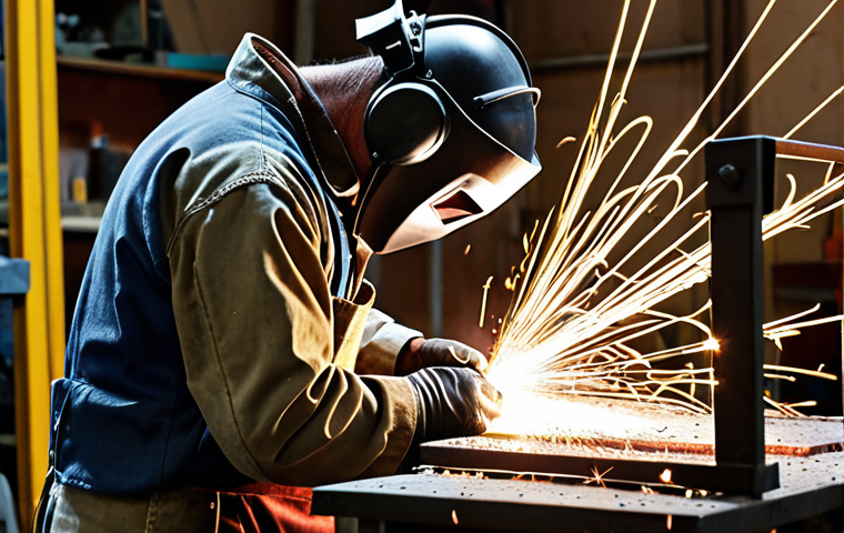 **A craftsman welding a steel chair frame in a workshop.** Focus on the sparks flying, the intense heat, and the protective gear. Include tools like welding masks and gloves. Show a sense of focus and precision. The setting should be a well-equipped German workshop.