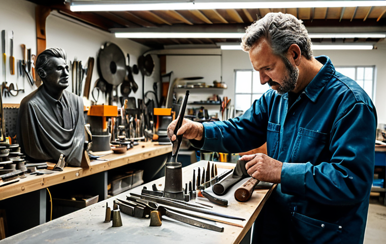 The Organized Workshop**

"A bright, well-organized metal art workshop, fully clothed artist working at a clean workbench with various tools neatly arranged.  Metal sculptures and art pieces are visible in the background.  Good lighting, safe for work, professional setting, appropriate content, fully clothed, perfect anatomy, correct proportions, natural pose, high quality, well-formed hands, proper finger count, natural body proportions, professional."

**