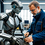 **

"A skilled German artisan in a modern workshop, collaborating with a holographic AI interface displaying intricate metal designs. The artisan is fully clothed in appropriate work attire, carefully examining a partially finished metal sculpture with traditional tools alongside advanced robotic arms. Background shows a blend of traditional forging equipment and high-tech machinery. Safe for work, appropriate content, professional, perfect anatomy, natural pose, high resolution."

**