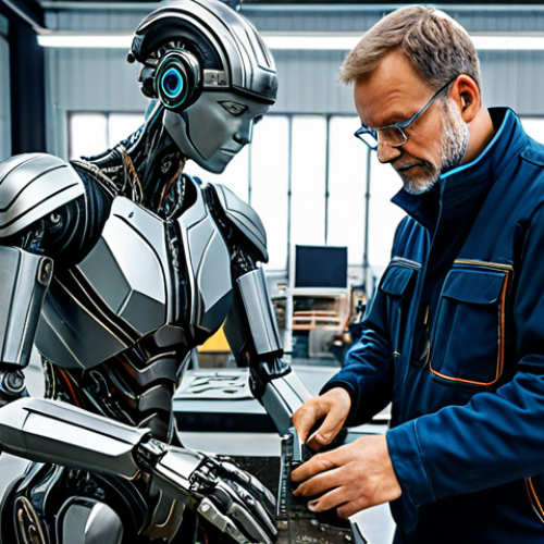 **

"A skilled German artisan in a modern workshop, collaborating with a holographic AI interface displaying intricate metal designs. The artisan is fully clothed in appropriate work attire, carefully examining a partially finished metal sculpture with traditional tools alongside advanced robotic arms. Background shows a blend of traditional forging equipment and high-tech machinery. Safe for work, appropriate content, professional, perfect anatomy, natural pose, high resolution."

**