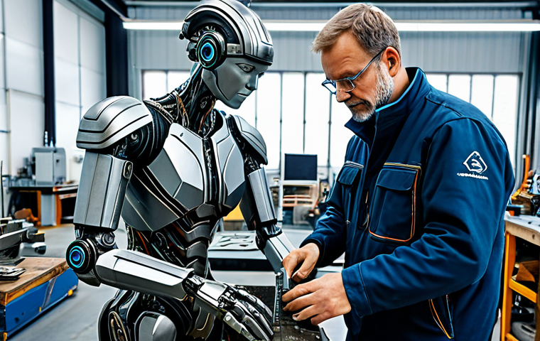 **

"A skilled German artisan in a modern workshop, collaborating with a holographic AI interface displaying intricate metal designs. The artisan is fully clothed in appropriate work attire, carefully examining a partially finished metal sculpture with traditional tools alongside advanced robotic arms. Background shows a blend of traditional forging equipment and high-tech machinery. Safe for work, appropriate content, professional, perfect anatomy, natural pose, high resolution."

**