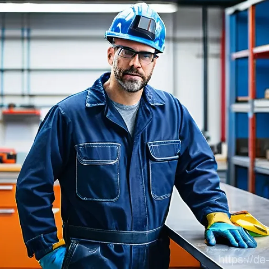 금속공예 작업 시 안전수칙 - **Prompt:** A skilled male metalworker, in his late 30s, stands confidently in a well-lit, modern Ge...