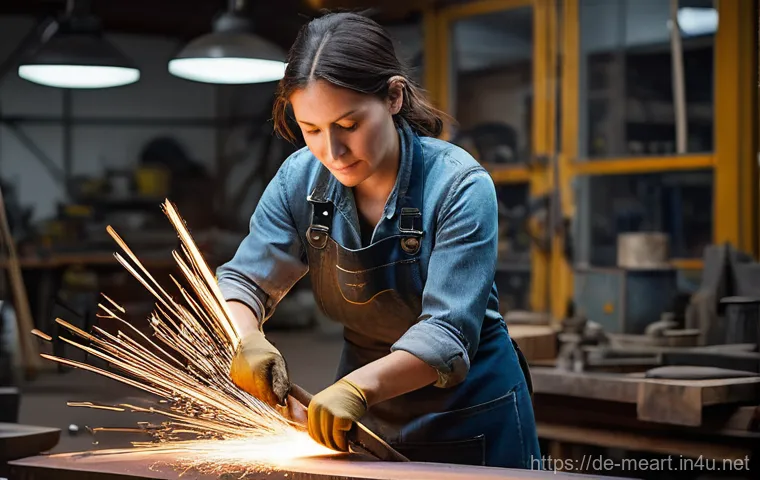 금속공예 크라우드 펀딩 성공 사례 - **Prompt 1: Passionate Metal Artist in Workshop**
    A wide shot capturing a skilled female metal a...