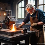 금속공예와 조명 디자인 - **"German Master Smith at Work: Forging a Modern Sculpture"**
    A skilled German master smith, in ...