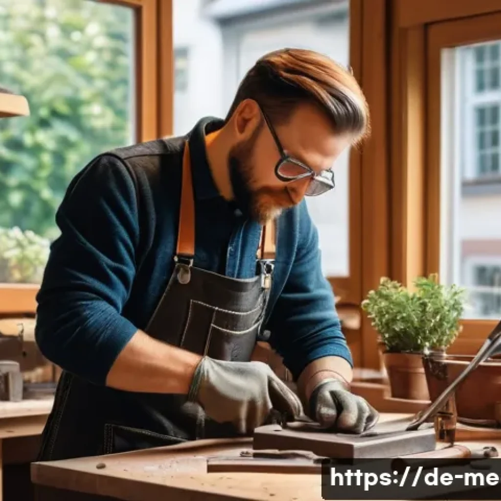 온라인 금속공예 강좌 추천 - A detailed workshop scene showing a German beginner metalworker in their cozy home studio, wearing p...