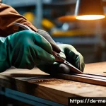 금속공예 도구 종류 - A close-up scene inside a modern German metal workshop showing a craftsman’s hands wearing protectiv...