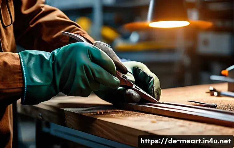 금속공예 도구 종류 - A close-up scene inside a modern German metal workshop showing a craftsman’s hands wearing protectiv...