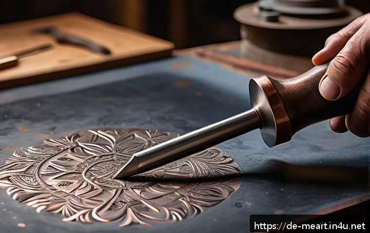 공예용 망치와 펀치 사용법 - A detailed close-up scene of a skilled artisan’s hands carefully holding a lightweight hammer with a...