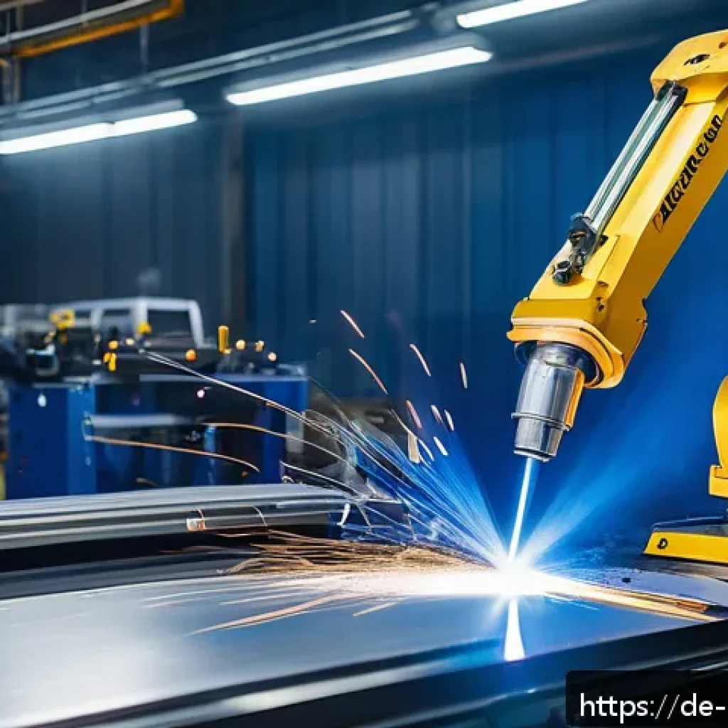 레이저 용접과 전통 용접 - A high-tech industrial scene showcasing a modern laser welding station inside a German automotive ma...