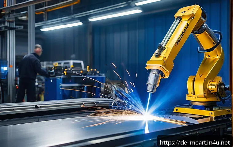 레이저 용접과 전통 용접 - A high-tech industrial scene showcasing a modern laser welding station inside a German automotive ma...