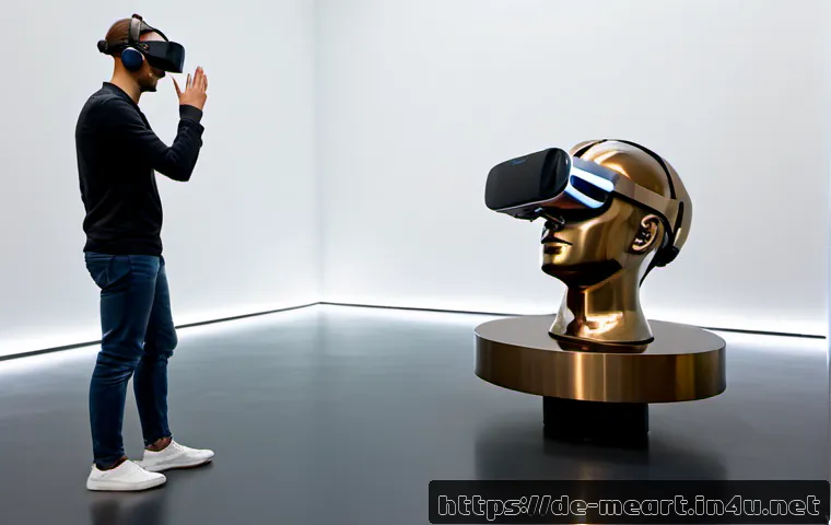 금속공예 메타버스 전시 - Photorealistic virtual metalcraft exhibition in a refined contemporary German gallery, a visitor wea...
