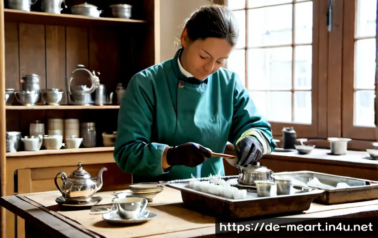 금속공예 보존 및 복원 기술 - Photorealistic metal conservation workshop in a historic German museum setting, skilled conservator ...
