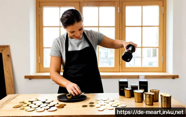 금속공예 마케팅 전략 - Photorealistic artisan metalwork marketing scene in a bright German studio, skilled craftsperson wea...