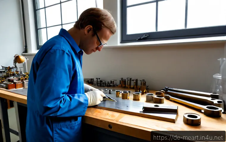 금속공예 소재 연구 동향 - Photorealistic German metalcraft research studio, a materials scientist in protective glasses examin...