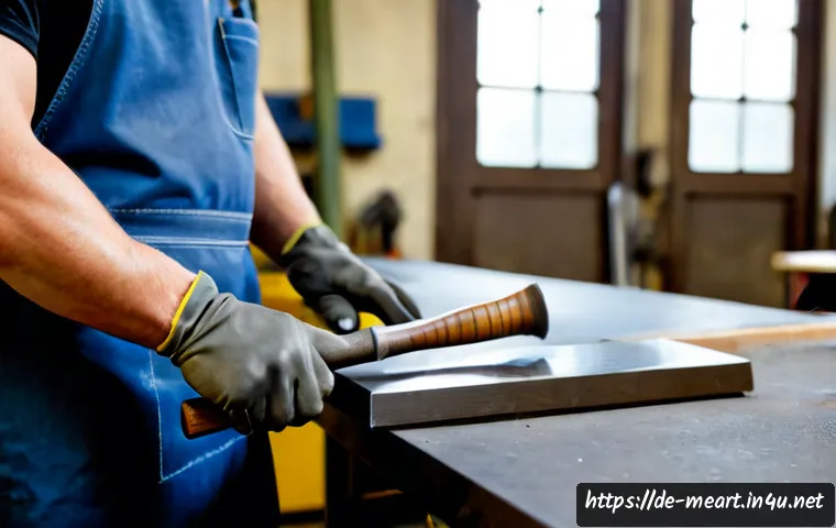 금속 조각과 조형 기법 - Photorealistic close-up of a German metal artisan shaping a curved steel sheet with a wooden mallet ...